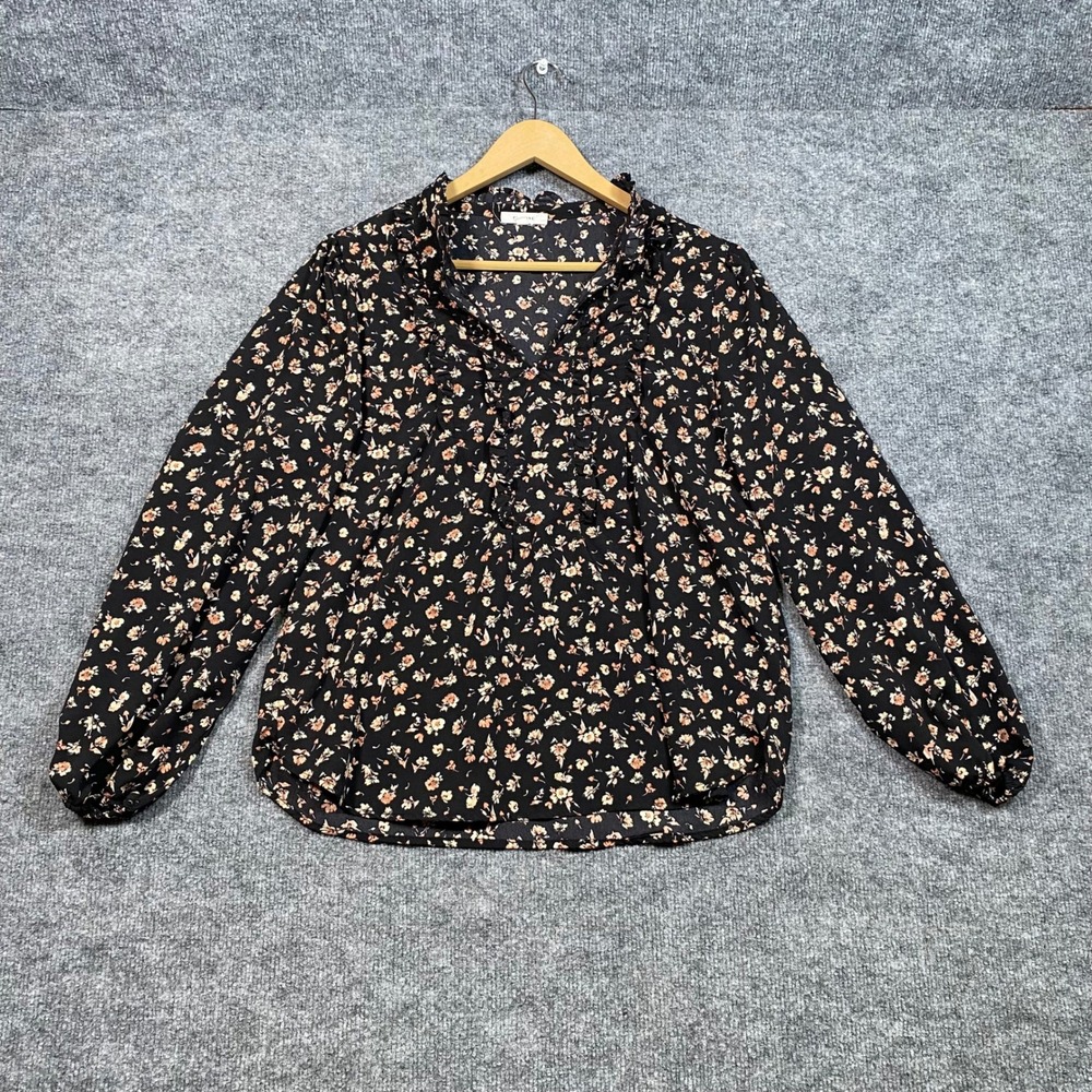 Pleione Womens Black Floral Ruffle Tie Neck Long Sleeve Blouse Medium